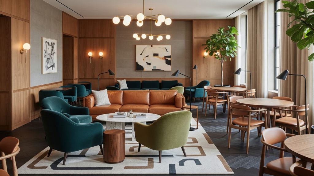 Contemporary lounge area with leather sofas, green armchairs, and modern lighting.