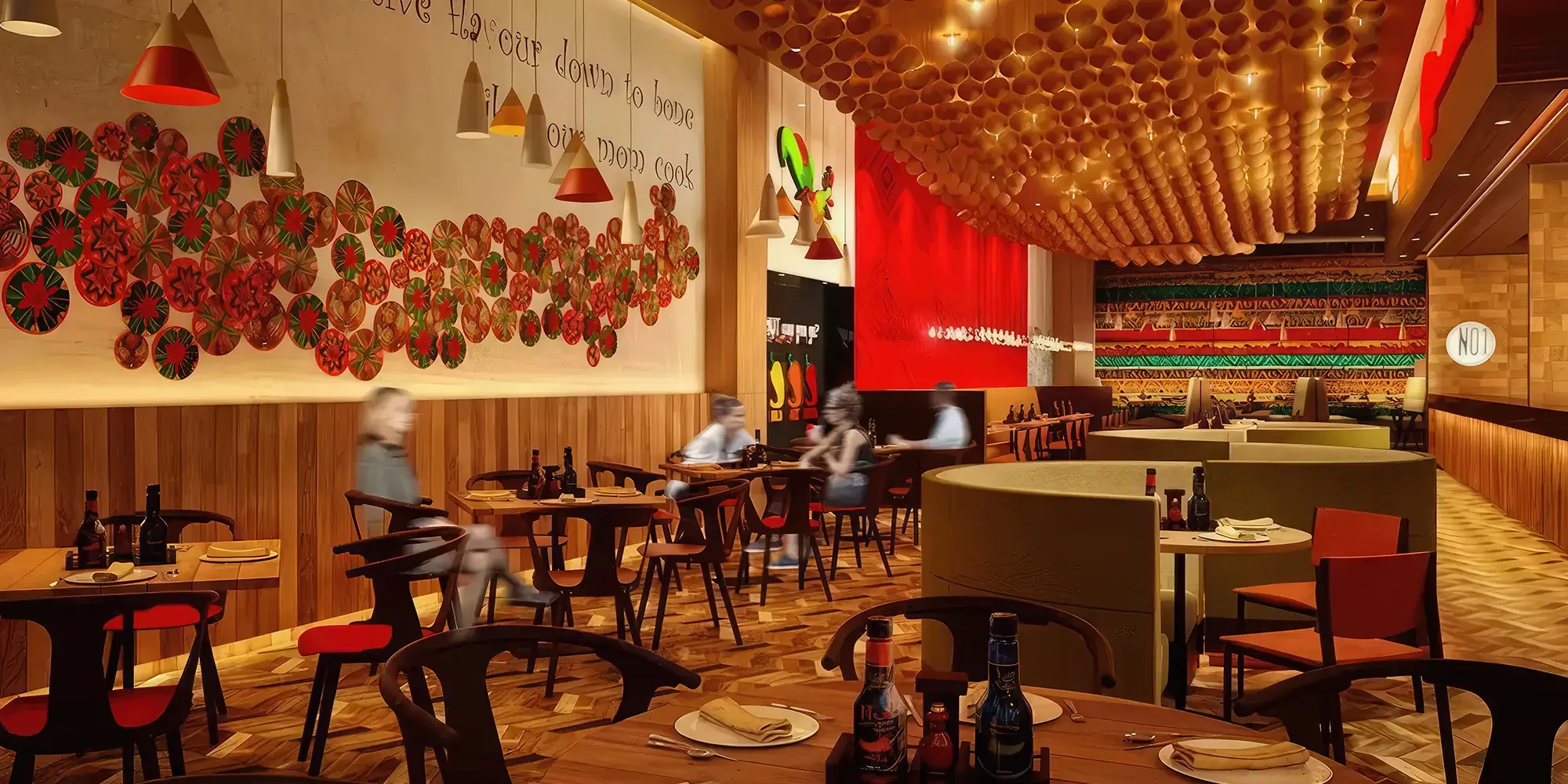 Galitos in Dubai Festival City showcases a sophisticated restaurant featuring red walls and opulent gold accents.