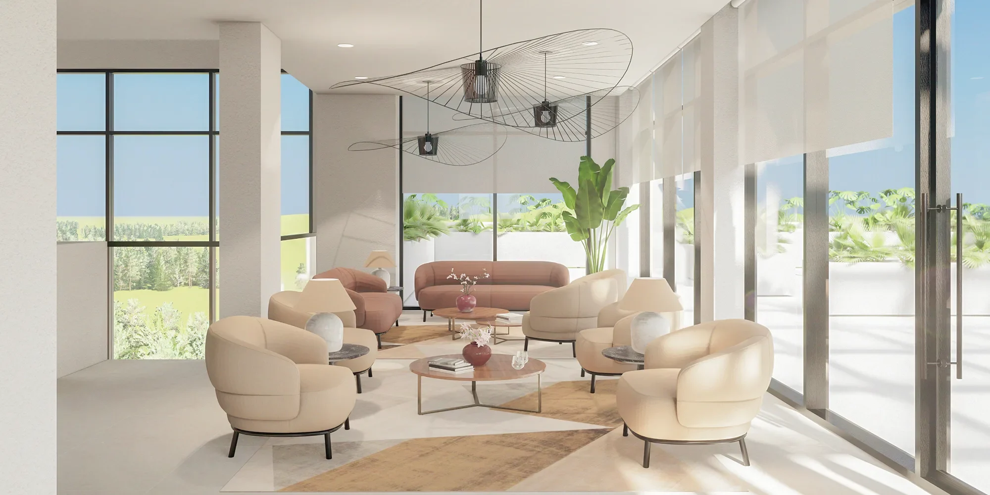 Executive Lounge consisting of 2 sofa and 4 lounge chairs and 2 wooden coffee table. Its completed by beautiful hanging lights.