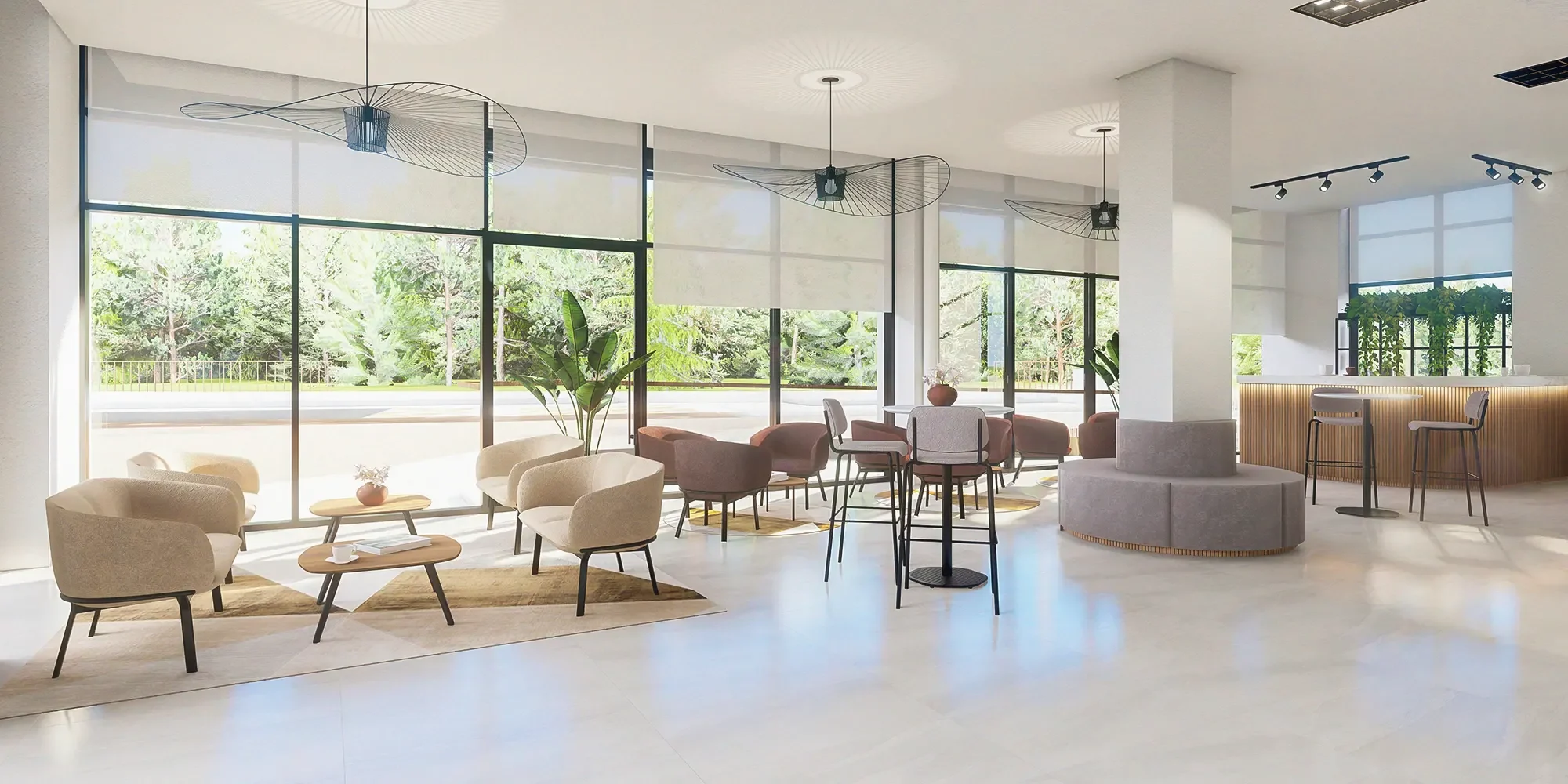 Auditorium Lobby with counter space, barstools, lounge chairs and coffee table, GNPC