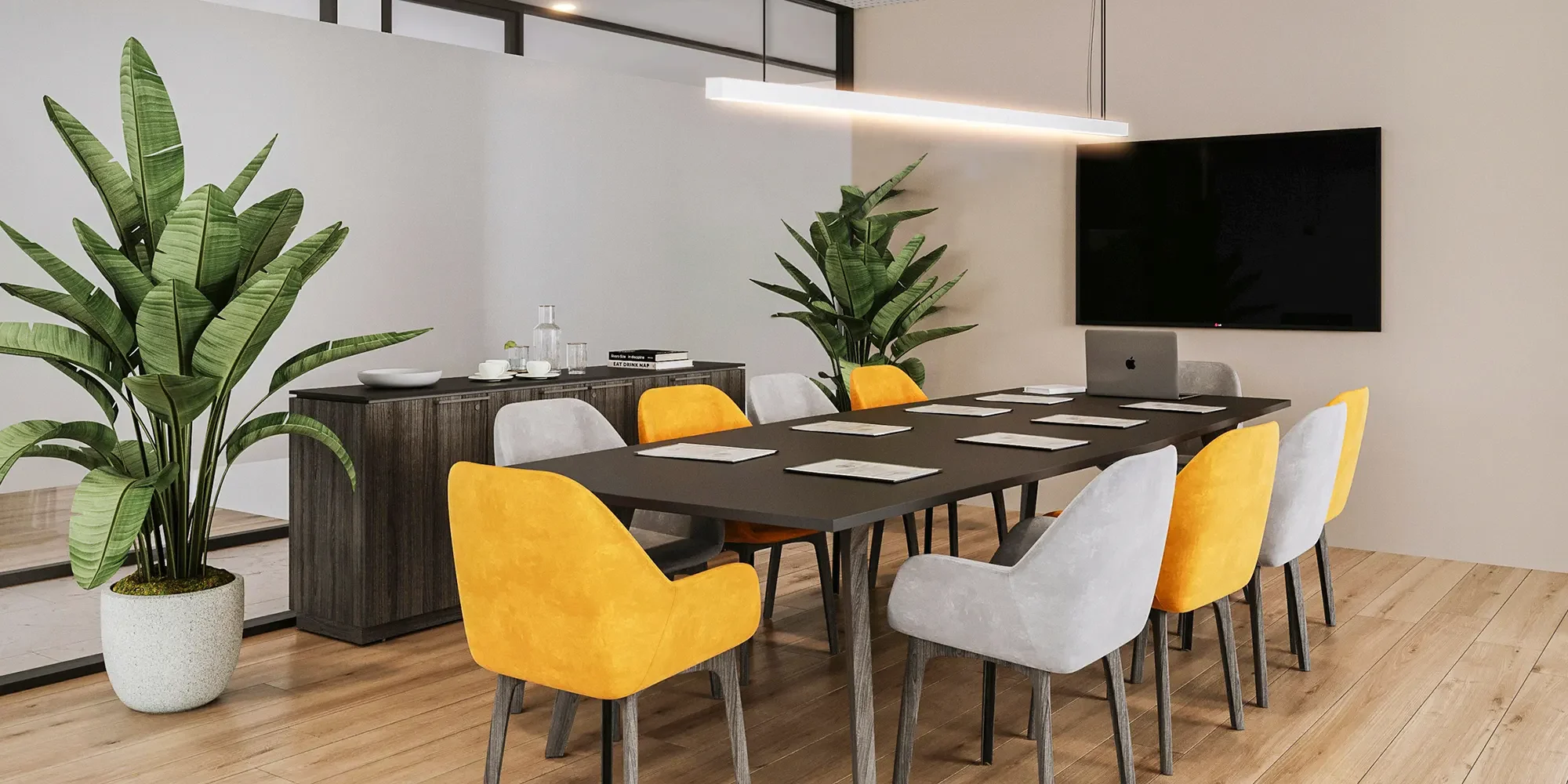 Ghana National Petroleum Corporation - Meeting Room with meeting table and upholstered chair in dual colors of yellow and grey.